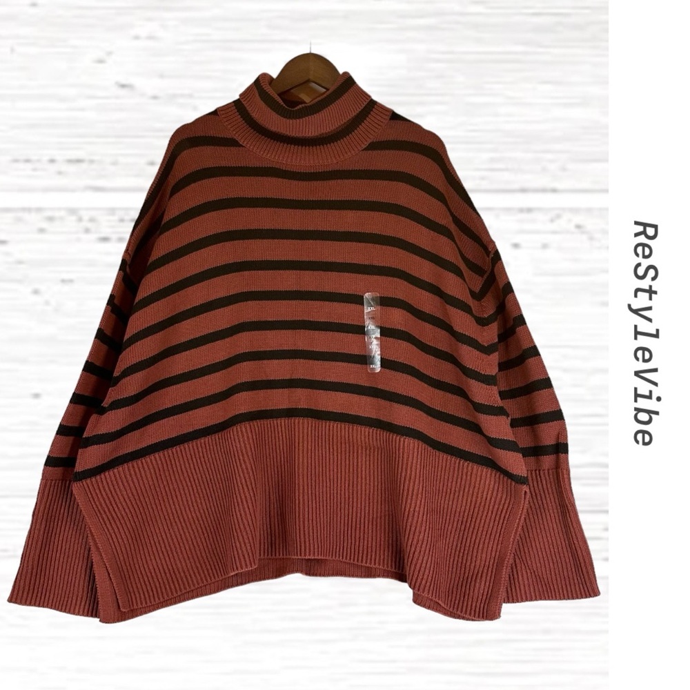 Striped Rust and Black Turtleneck Sweater